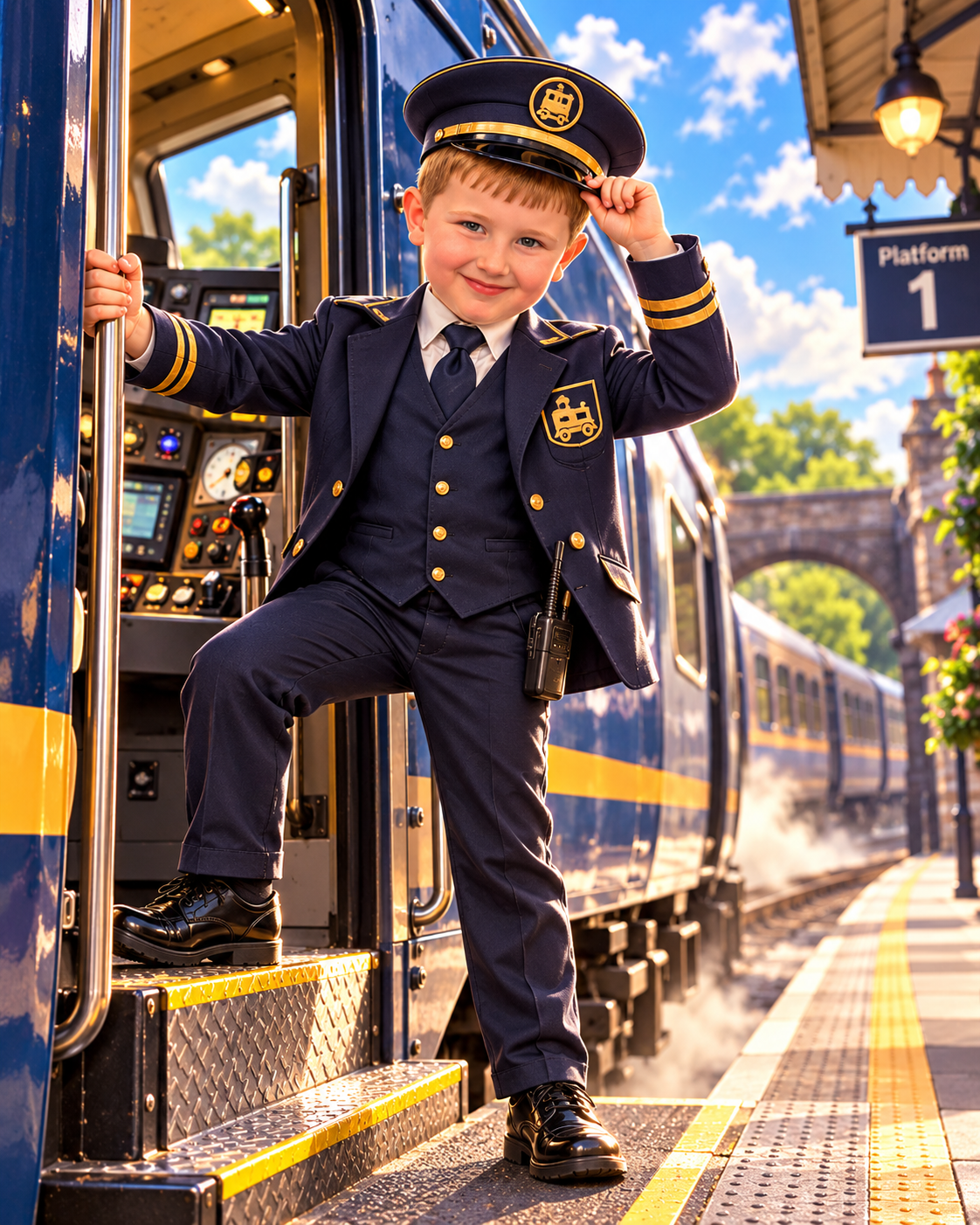 Beck dressed as a train driver